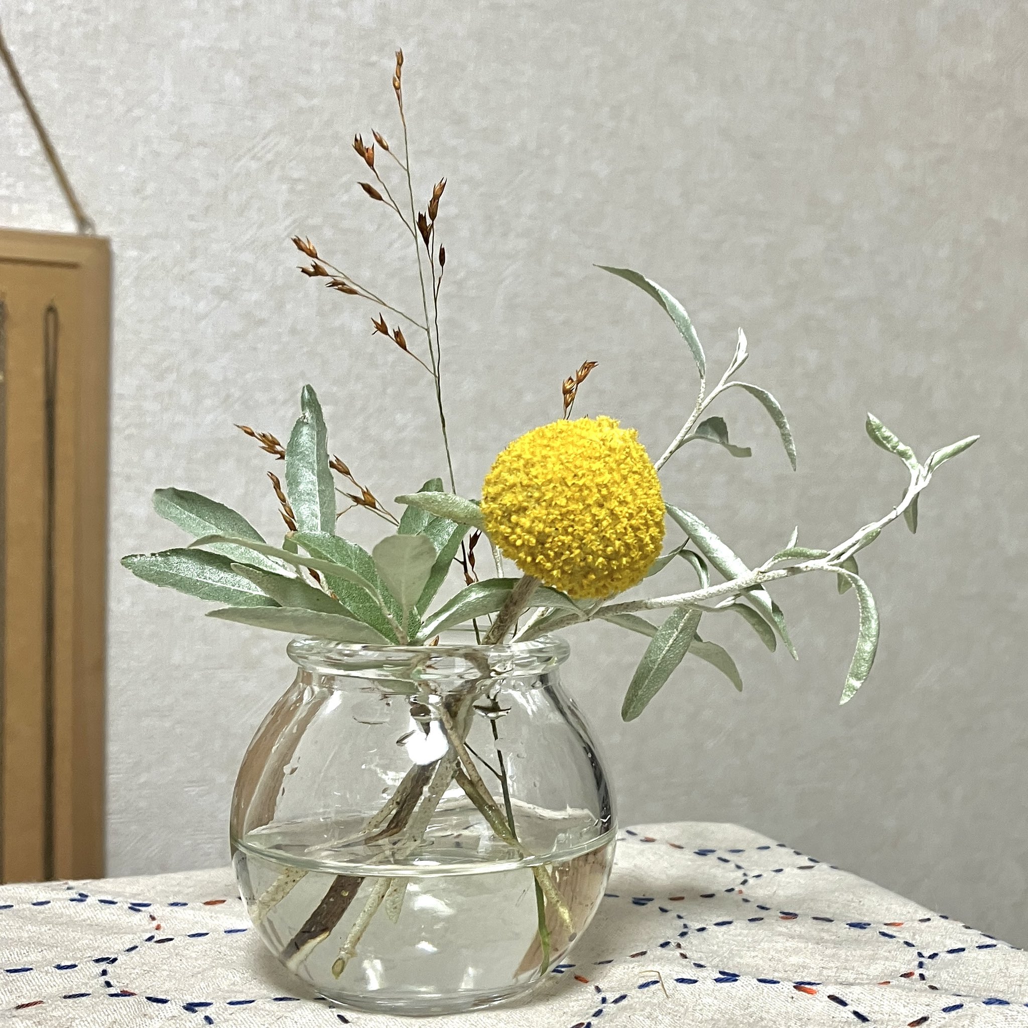 Sachi 企画用 ローゼルは和名が紅葵 ハイビスカスの仲間で 飾っているのは花ではなく実です パニカムは花草黍 はなくさきび でオレンジ色は着色 ドライフラワーにもしやすいらしい 長持ちしてくれるといいな Twitter