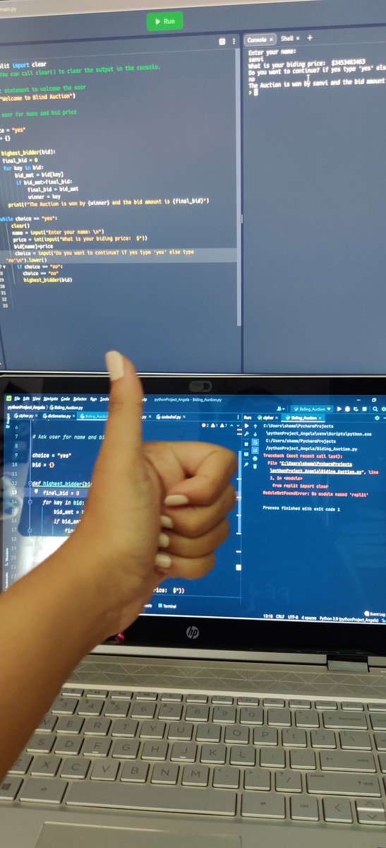 CyberCoder_0001's tweet image. Day 9/100: Today was a quick one, I learnt about Dictionaries and list in more detail. I could make a small game out of it. Biding auction game.
Its getting interesting day by day.
#100DaysOfCode #100daysofpractice #100daysofpython #code #Day9 #udemy