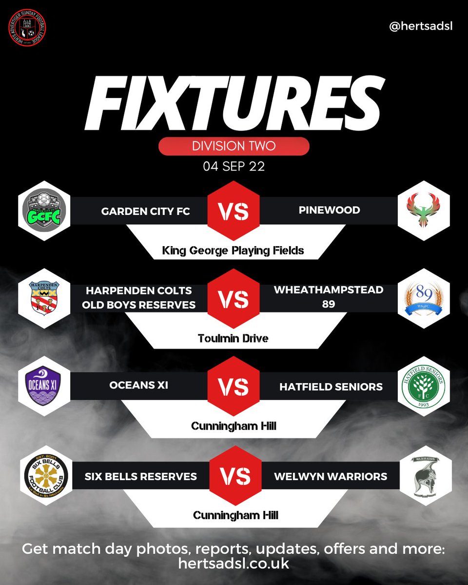 Hertfordshire 1961 Sunday Football League (@herts1961sfl) on Twitter photo β½οΈ The @hertsadsl 2022/23 begins this
Sunday! Here are your Division Two fixtures:
@gardencityfc1 π <a href="/FcPinewood/">Pinewood FC</a>
Harpenden Colts OB Res π @wheato89fc
@oceansxi π @hatfielseniors
<a href="/fcbells6/">Six Bells FC</a> π <a href="/welwyn_warriors/">Welwyn Warriors FC</a>
For match photos, reports and more:
hertsadsl.co.uk β½οΈ The @hertsadsl 2022/23 begins this
Sunday! Here are your Division Two fixtures:
@gardencityfc1 π <a href="/FcPinewood/">Pinewood FC</a>
Harpenden Colts OB Res π @wheato89fc
@oceansxi π @hatfielseniors
<a href="/fcbells6/">Six Bells FC</a> π <a href="/welwyn_warriors/">Welwyn Warriors FC</a>
For match photos, reports and more:
hertsadsl.co.uk