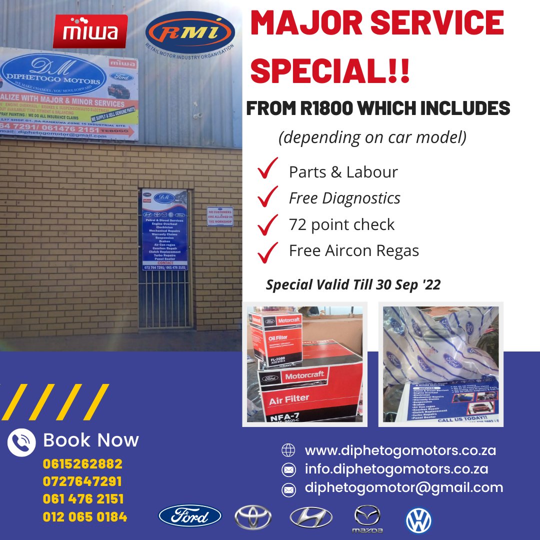 DiphetogoMotors's tweet photo. What would this September be without an awesome special from us? 😃💃🏻

We bringing you car service specials that include the following: 
👉🏽 Parts &amp; Labour!
👉🏽 Free Diagnostics! 
👉🏽 72-point check!
👉🏽 Free Aircon Regas!

How much? 
R1200 for minor service
R1500 for medium service https://t.co/VTs5Cu7Om0