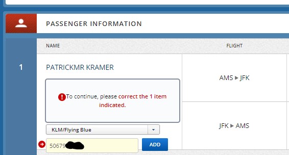 Patrckk's tweet photo. @KLM Goedemorgen, ik heb een Delta vlucht geboekt en wil daar flying blue nummer toevoegen. Ik krijg bij het toevoegen een error dat nummer incorrect is, met of zonder spaties geen verschil. Claimen kan pas na de vlucht, hoe kan ik in Delta mytrip omgeving FBnummer toevoegen? https://t.co/R3qjqCSWmP