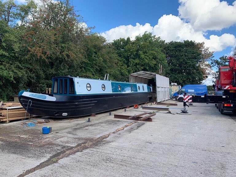 NBofDistinction's tweet photo. And here’s Boat No 19 safely in place (at the side of NB Coulomb Runnings), ready for her fit out #narrowboat #newnarrowboat #boatno19 https://t.co/p9UvDpsX8W