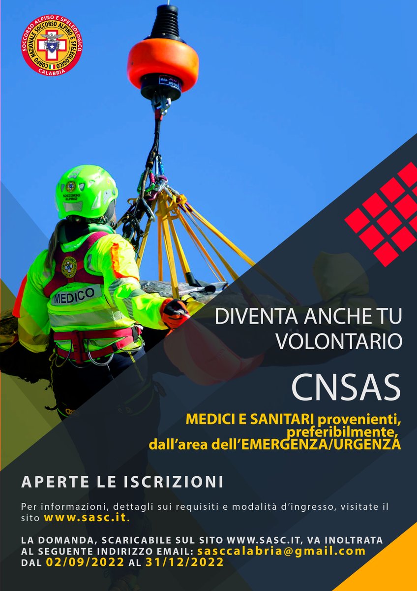 cnsas_Calabria's tweet photo. Aperte le iscrizioni per diventare volontario CNSAS.
Per informazioni, dettagli sui requisiti, modalità d'ingresso e per SCARICARE LA DOMANDA visitate il sito del @cnsas_Calabria  alla pagina:
https://t.co/D0o0N0V2jH

#cnsascalabria #soccorsoalpino #cnsas #diventavolontario https://t.co/I1s9hCVwN6