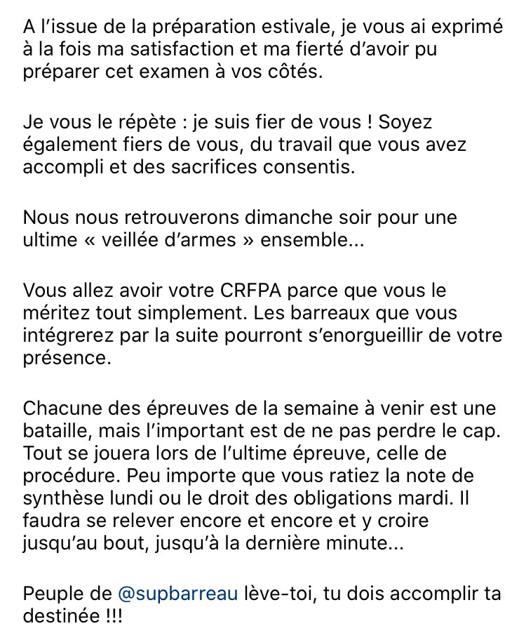 #crfpa #crfpa2022 #supbarreau 
Mes chers étudiants, 
Voici un petit message avant les épreuves de lundi. 
Votre Bien Dévoué Directeur,