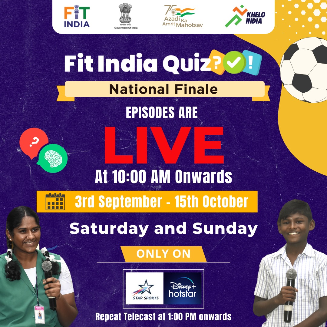 Singhraj Adhana (@adhanasinghraj) on Twitter photo The wait is now over.#FitIndiaQuiz National Finale will be live on ЁЯУ║ <a href="/DisneyPlusHS/">OfficialJioHS</a> & <a href="/StarSportsIndia/">Star Sports</a> every Saturday & Sunday at
тП░ 10am
ЁЯЧУ 3rd Sep - 15th Oct
Stay tuned to enjoy endless entertainment as our young champions compete against one another for the ultimate title. The wait is now over.#FitIndiaQuiz National Finale will be live on ЁЯУ║ <a href="/DisneyPlusHS/">OfficialJioHS</a> & <a href="/StarSportsIndia/">Star Sports</a> every Saturday & Sunday at
тП░ 10am
ЁЯЧУ 3rd Sep - 15th Oct
Stay tuned to enjoy endless entertainment as our young champions compete against one another for the ultimate title.