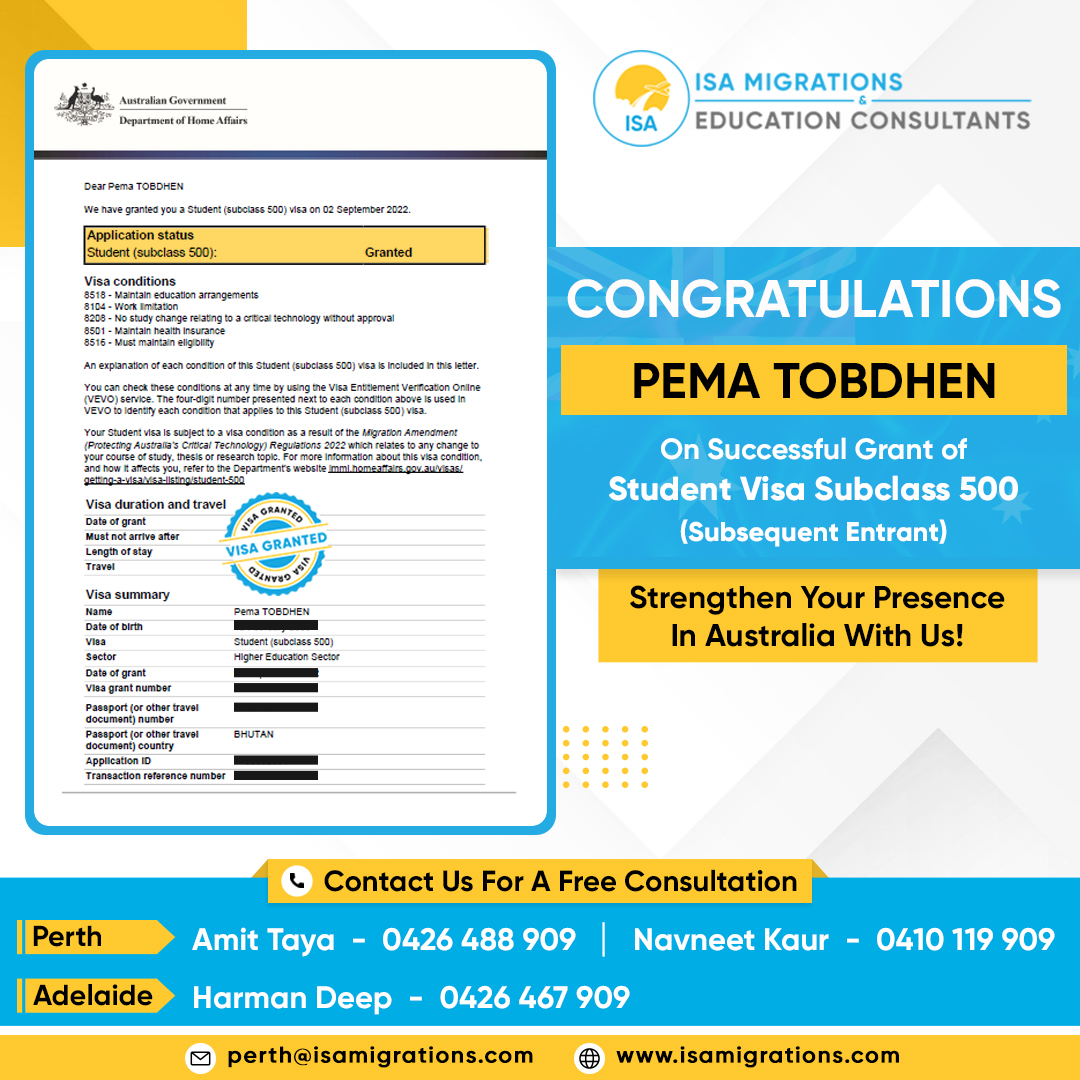isamigrations's tweet photo. 🎉Congratulations!!!

♦ TOBDHEN YUEGYEL &amp; PEMA TOBDHEN on Successful Grant of Student #Visa500 ♦️

Thank you for choosing @isamigrations

Call us today to check your eligibility for #Visitorvisa🇦🇺
☎️+61 426 488 909

#visa #Migration #immigration #studentvisa https://t.co/3ObKvSxLzh