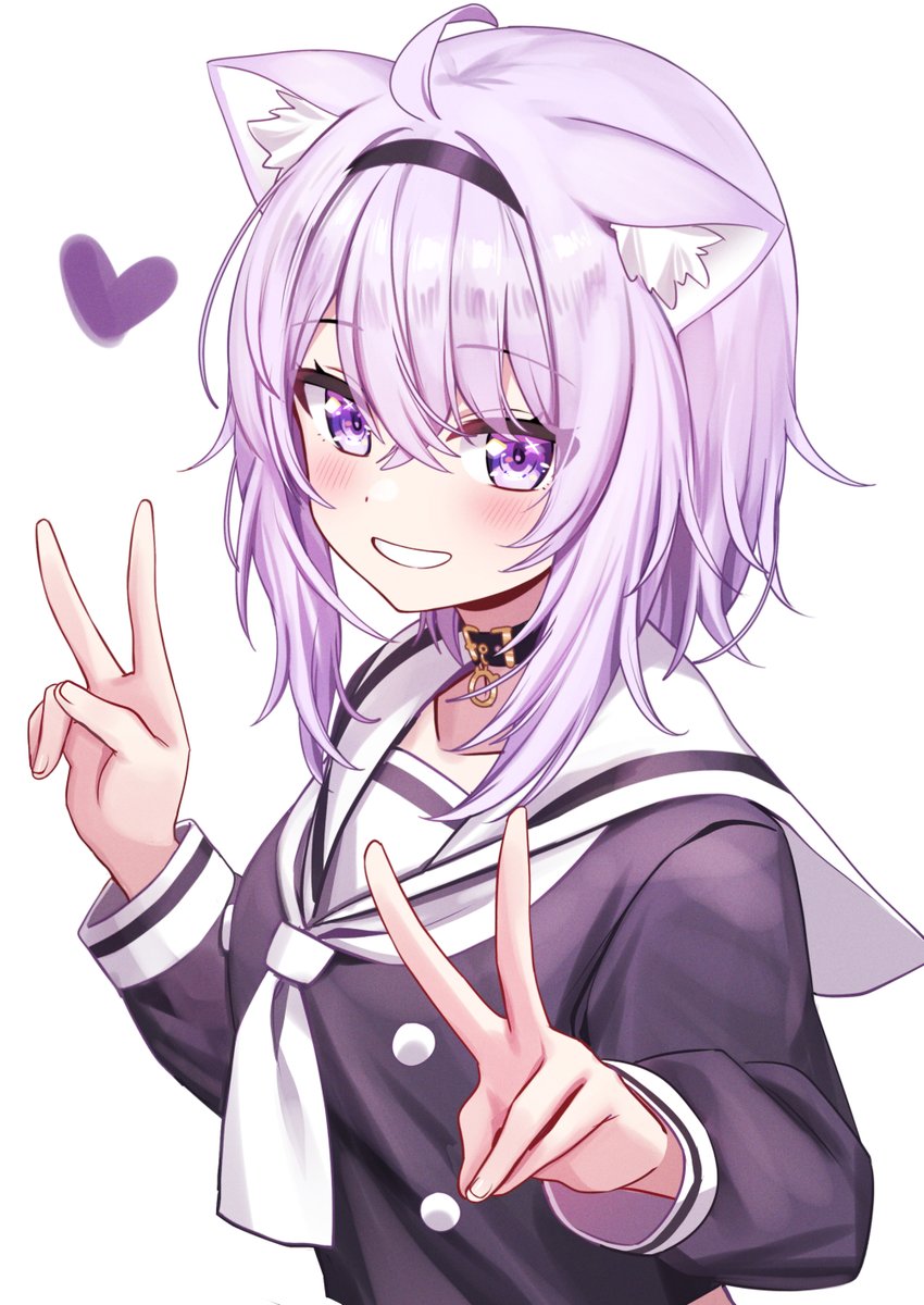 nekomata okayu 1girl animal ears solo v cat ears purple eyes smile  illustration images