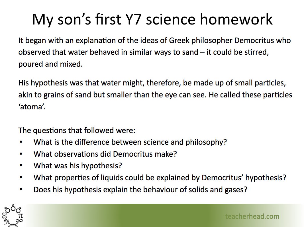 teacherhead's tweet photo. I share this often in CPD sessions about expectations and challenge. My son's very first Y7 homework from his secondary school. He's now studying philosophy at uni... the seed was sown! Pitch it up! https://t.co/Kn4dwVe7x0