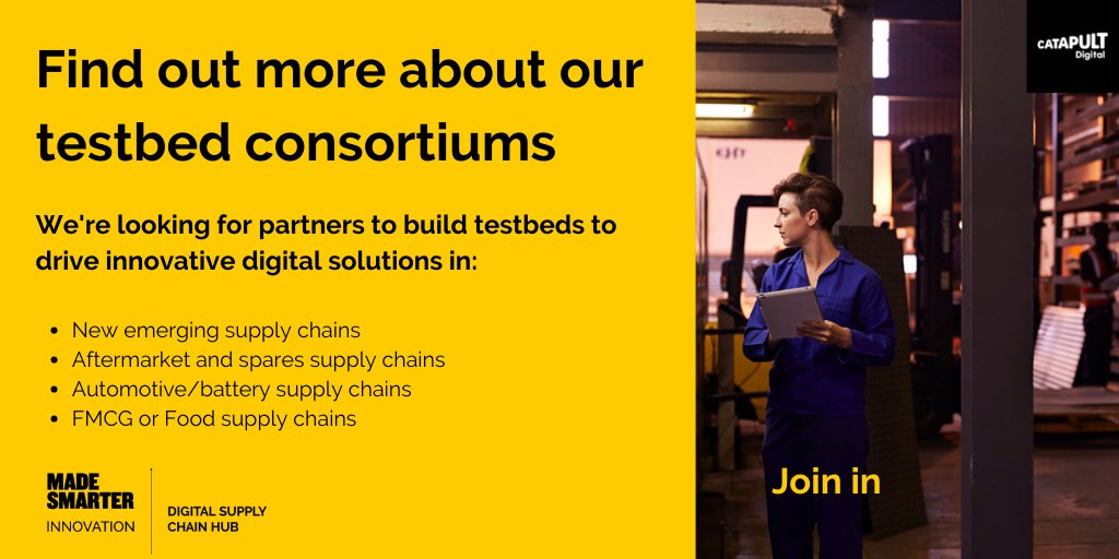 DigiCatapult's tweet photo. ⚡ Is your organisation interested in supporting @MadeSmarterUK to deliver business improvements across supply chains?

💷 Find out how you can access £315,000 in funding as part of the Digital Supply Chain Testbed Consortium here: https://t.co/lbokPd4MCx https://t.co/boG7M60rx0