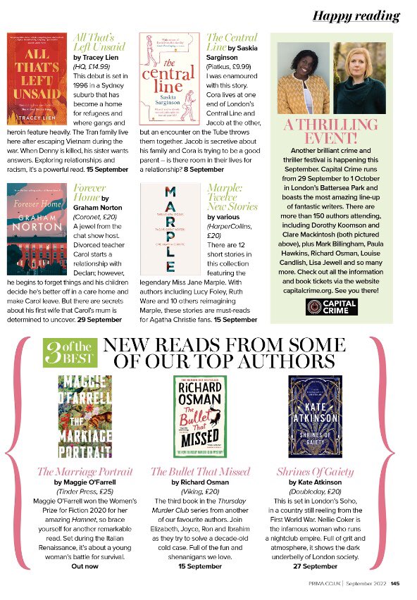 Matineegirl's tweet photo. Ta dah my @PrimaMag book picks for September featuring Ruth Jones @CatSteadman @LorraineBrown23 @realsandiejones Tracey Lien @SaskiaSarginson @grahnort @richardosman Maggie O’Farrell Kate Atkinson and a medley of authors for the Marple book. Also a shout out for @CapitalCrime1 https://t.co/COpUWKxgG8