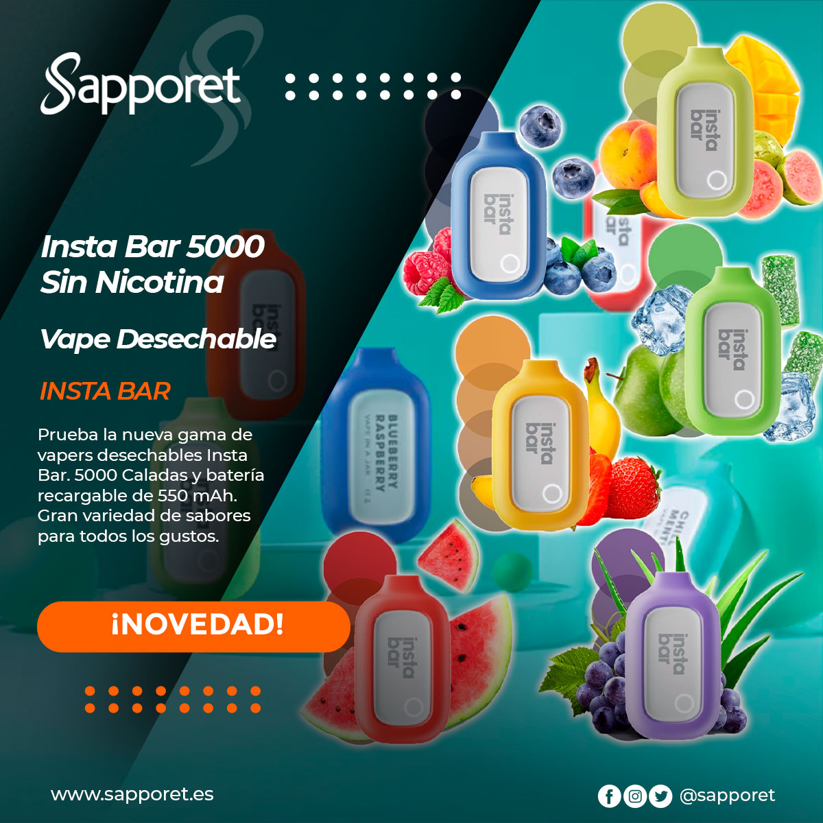 🆕Nuevos vape desechables de Insta Bar. Disfruta 5000 caladas de los mejores sabores sin nicotina gracias a sus 12ml y autonomía de 550 mAh de batería recargable. No dudes en probarlo.🆕

ow.ly/q8rE50KxHEy