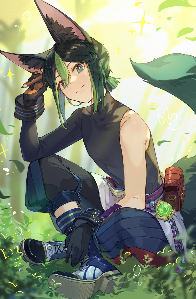 1boy male focus animal ears fox ears green hair gloves fox boy  illustration images