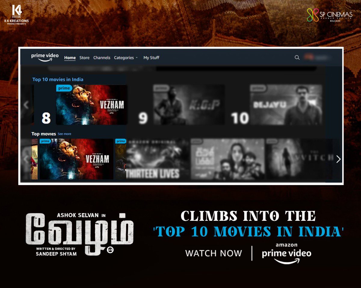 Tamil Cinema Express (@tamilcinexpress) on Twitter photo Yet another reason to watch #Vezham!
Our mystery crime thriller takes up a place in the top 10 movies in India on <a href="/PrimeVideoIN/">prime video IN</a>
Do watch it right away
#VezhamOnAmazonPrime
#K4Kreations #Keseven <a href="/thespcinemas/">SP CINEMAS (PRODCO PVT LTD)</a> <a href="/sandeepshyam87/">Director Sandeep Shyam</a> @ajaiactor <a href="/ShakthiArvind/">shakthiarvind</a> <a href="/pradeep_1123/">Pradeep Kumar//swamiji.eth</a> Yet another reason to watch #Vezham!
Our mystery crime thriller takes up a place in the top 10 movies in India on <a href="/PrimeVideoIN/">prime video IN</a>
Do watch it right away
#VezhamOnAmazonPrime
#K4Kreations #Keseven <a href="/thespcinemas/">SP CINEMAS (PRODCO PVT LTD)</a> <a href="/sandeepshyam87/">Director Sandeep Shyam</a> @ajaiactor <a href="/ShakthiArvind/">shakthiarvind</a> <a href="/pradeep_1123/">Pradeep Kumar//swamiji.eth</a>