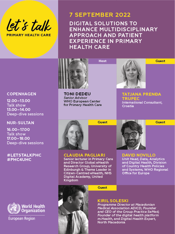 For the next "Let's Talk PHC", I transfer the role of the host to my colleague &amp; digital solutions enthusiast in PHC <a href="/Toni_Dedeu/">Toni Dedeu</a>!

Come and meet the digital visionaries <a href="/EeHRN/">Claudia Pagliari</a>, <a href="/davidnovillo/">David Novillo Ortiz</a>, <a href="/KirilSoleski/">Soleski Kiril</a>, &amp; Tatjana Prenda Trupec. Register👉bit.ly/3AANvCi