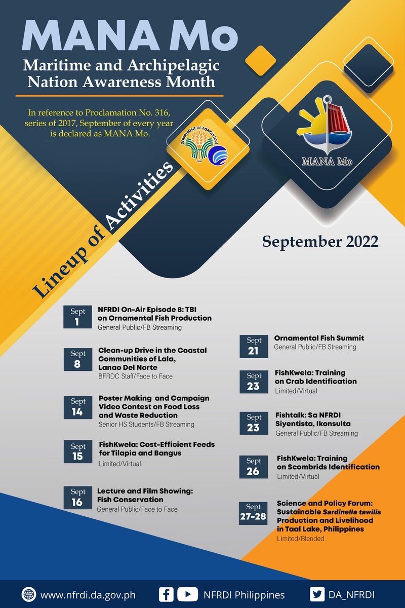 DA_NFRDI's tweet photo. September is Maritime and Archipelagic Nation Awareness Month (MANA Mo)!
We lined up activities to engage the public and encourage active participation in protecting our seas and shores amidst the challenges confronting us today.
#MANAMo2022
#NFRDITEACH
#NFRDIinAction https://t.co/zmNa7v0pPK