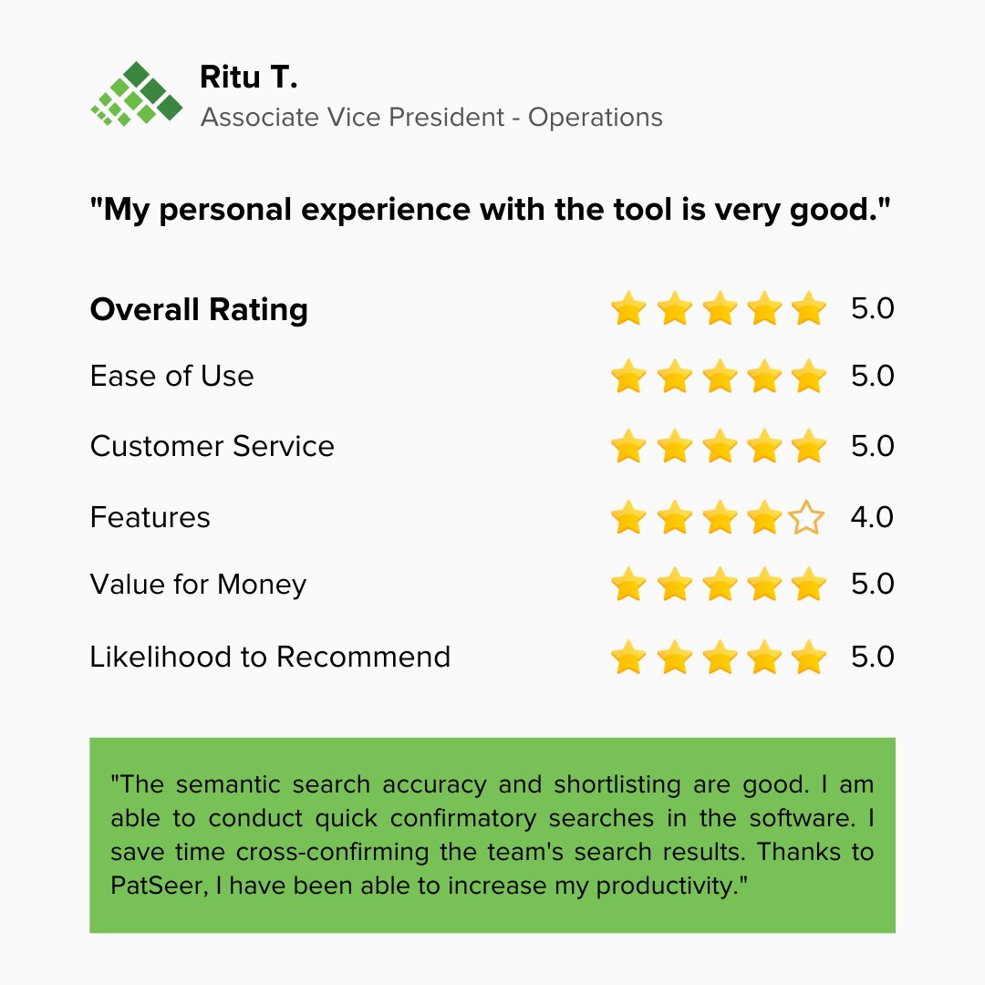 gridlogics's tweet image. Read what our clients have to say about us.
See the difference with #PatSeer for yourself: bit.ly/3PYL6Yz
#patentsearchengine #IPanalytics #patentportfolio #patentsearch #patentanalytics #intellectualproperty #ip #competitiveintelligence #semanticsearch #patentlandscape