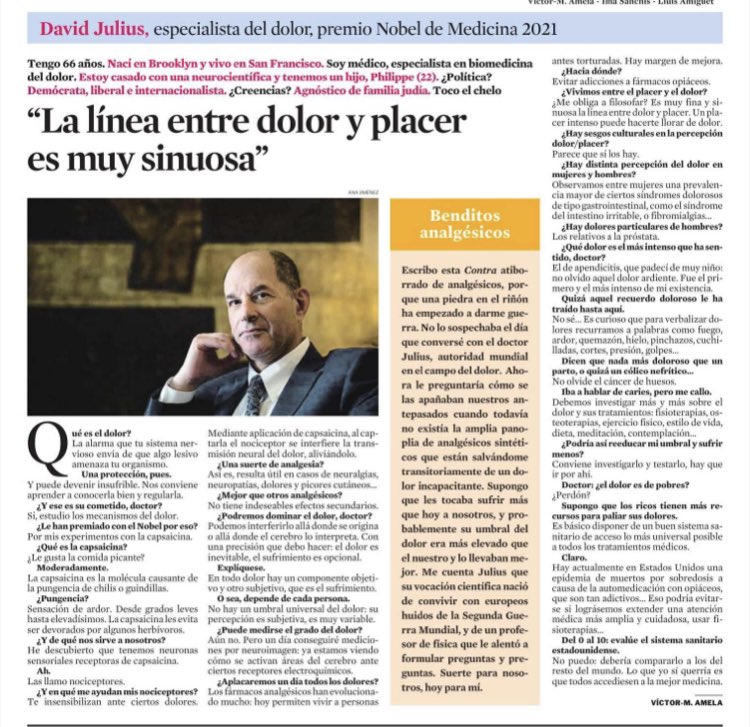 javigalvarez's tweet photo. Investigación y #dolor, Premio Nobel y picante…
“Debemos investigar más el dolor y sus tratamientos” @DJuliusSF en @LaVanguardia https://t.co/TruDcpjJMS