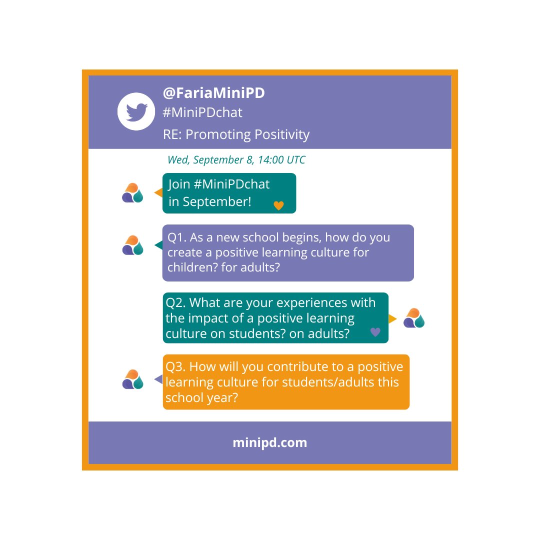 MyMiniPD's tweet photo. ⚽Join us next week as we kick of our monthly #MiniPDchat! 

🐢We are excited to welcome you to a slow chat as we explore our September content theme: Promoting Positivity.

🗓️ Mark your calendars #MiniPDCommunity!

#PYPChat #MYPChat #DPChat #NESAChat #EdChat #CPChat #IntlEdu https://t.co/5WKsilSpuN