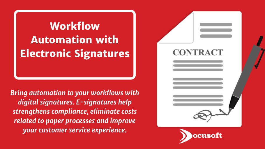Docusoft's tweet photo. Bring automation to your workflows with digital signatures. E-signatures help strengthens compliance, eliminate costs related to paper processes and improve your customer service experience. Learn more: https://t.co/tuTIjhruL9 #ElectronicSignature #DigitalSignature #eSigns https://t.co/KtXd1BLjrA
