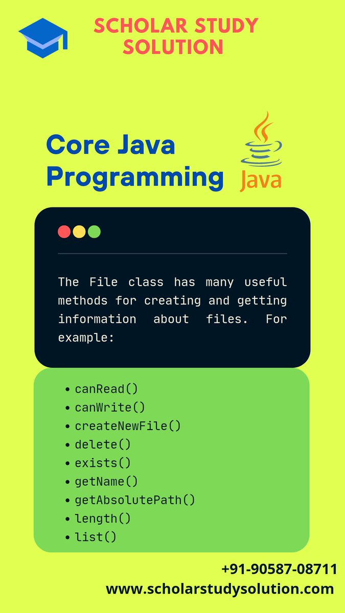 scholarstudy's tweet photo. #scholarstudysolution #java #javadeveloper #javaprogramming #corejava #files #javafiles #fileinjava #BasicJava #methodsoffile #javacode https://t.co/yEKjHHrNp1