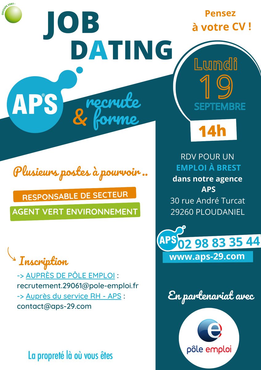 groupe_vert's tweet image. APS - notre agence du Pays de Brest - organise son Job Dating avec Pôle Emploi !
-&amp;gt; RDV lundi 19 septembre à 14h à APS 
30 rue André Turcat - 29260 PLOUDANIEL

APS
La propreté là où vous êtes
02 98 83 35 44 
aps-29.com