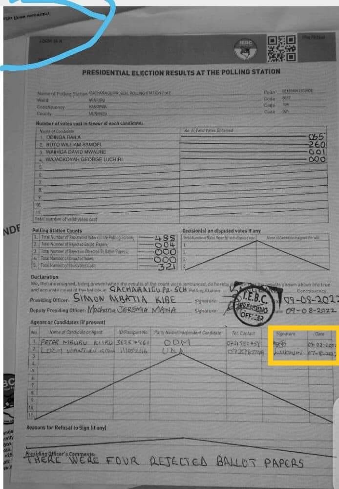 Naomikibandi's tweet photo. On the same form 
Agents signed 2 days before the election. Muranga county my own bedroom!! https://t.co/H2v9Z1z6E0