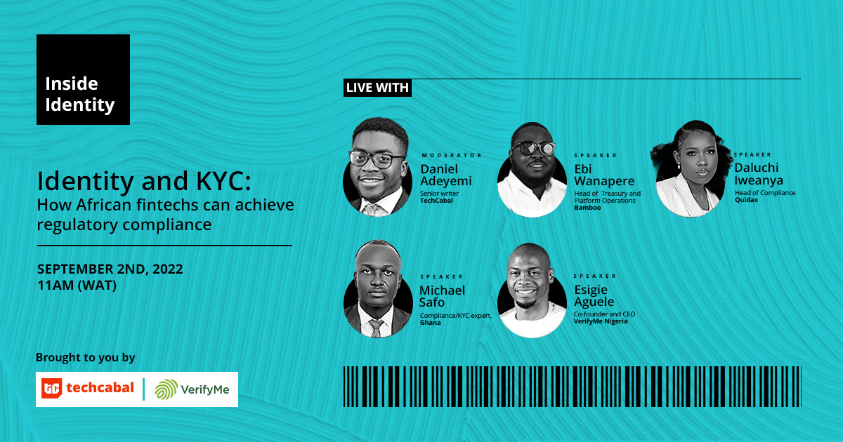 TechCabal's tweet photo. It's TODAY!
Join us this morning at 11 AM (WAT) on #InsideIdentity.
We'll be discussing all things risk, KYC, identity and compliance!
Sign up here to join in: https://t.co/PixREggo3p
-
Inside Identity is powered by @officialvmn in partnership with TechCabal.
#InsideID https://t.co/pZ16C3cf7M