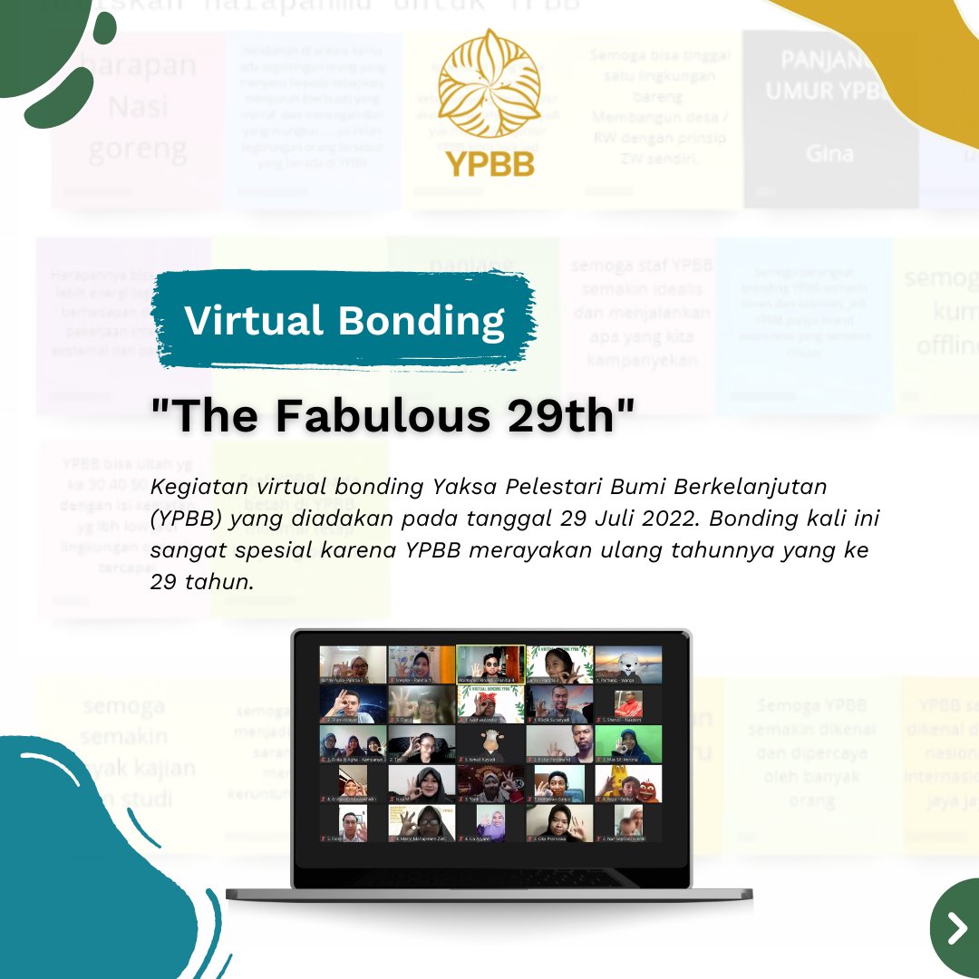 ypbb_id's tweet photo. Virtual Bonding Bulan Juli diselenggarakan oleh tim Divisi PSD bersama dengan Humas untuk memeriahkan HUT YPBB ke 29, dengan tema “The Fabulous 29th”
Selengkapnya mengenai Virtual Bonding bisa dibaca di bio atau kunjungi link https://t.co/Jz2QOqM7Ei
#YPBB #Lingkungan #ZeroWaste https://t.co/S0TbDkJo5T
