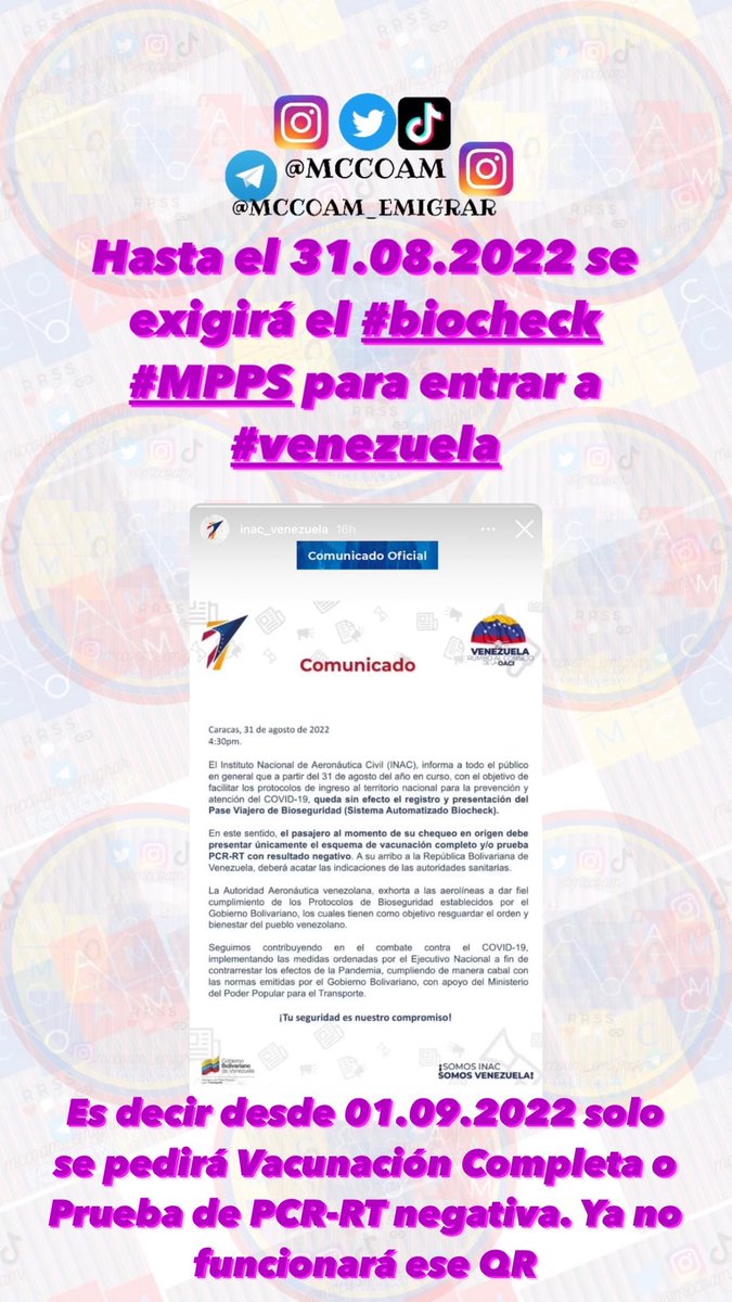 mccoam's tweet photo. #Biocheck #MPPS ya no se pedirá mas desde el 31.08.2022 ya no será necesario este paso. Pero si para entrar al país requiere de plan de vacunación del #COVID19 o Prueba PCR-RT de resultado negativo. Así que murió chiquito https://t.co/iO0RmT6E5c
