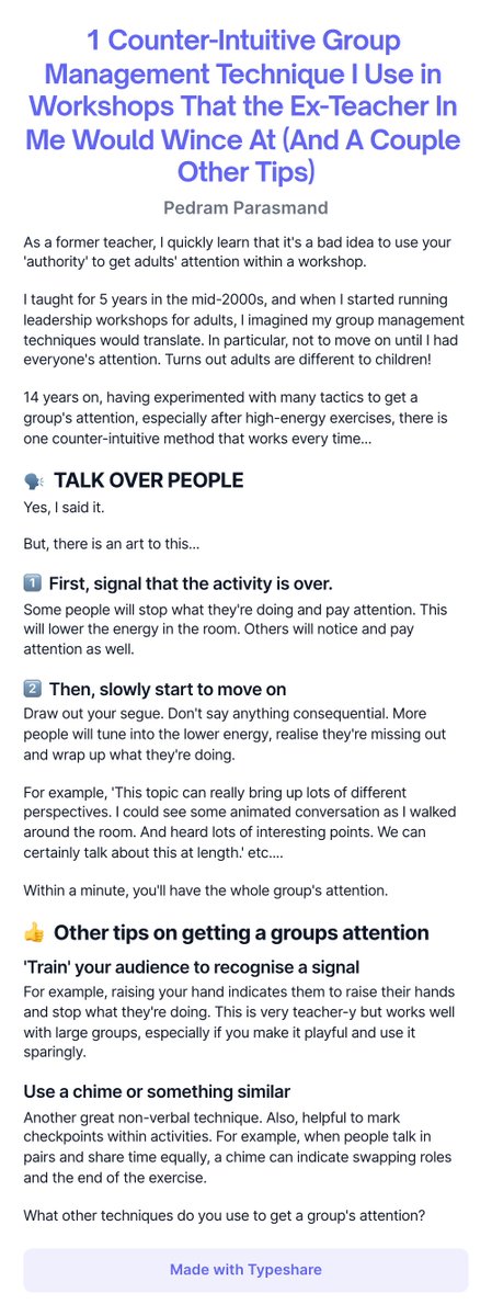 PedagogicalPed's tweet image. 1 Counter-Intuitive Group Management Technique I Use in Workshops That the Ex-Teacher In Me Would Wince At (And A Couple Other Tips)

#workshop #workshopdesign #workshopfacilitation #facilitation #learningdesign #learningexperiencedesign Day 21 of #Ship30for30