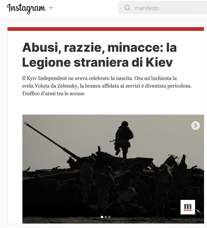 Sta cambiando qualcosa?

Abusi, razzie, minacce: la #Legionestraniera di #Kiev.
#KyivIndependent ne aveva celebrato la nascita ora un'inchiesta la svela. Voluta da #Zelensky,la branca affidata ai servizi è diventata pericolosa
Traffico d'armi tra le accuse
instagram.com/p/ChkPt4OK4lk/…