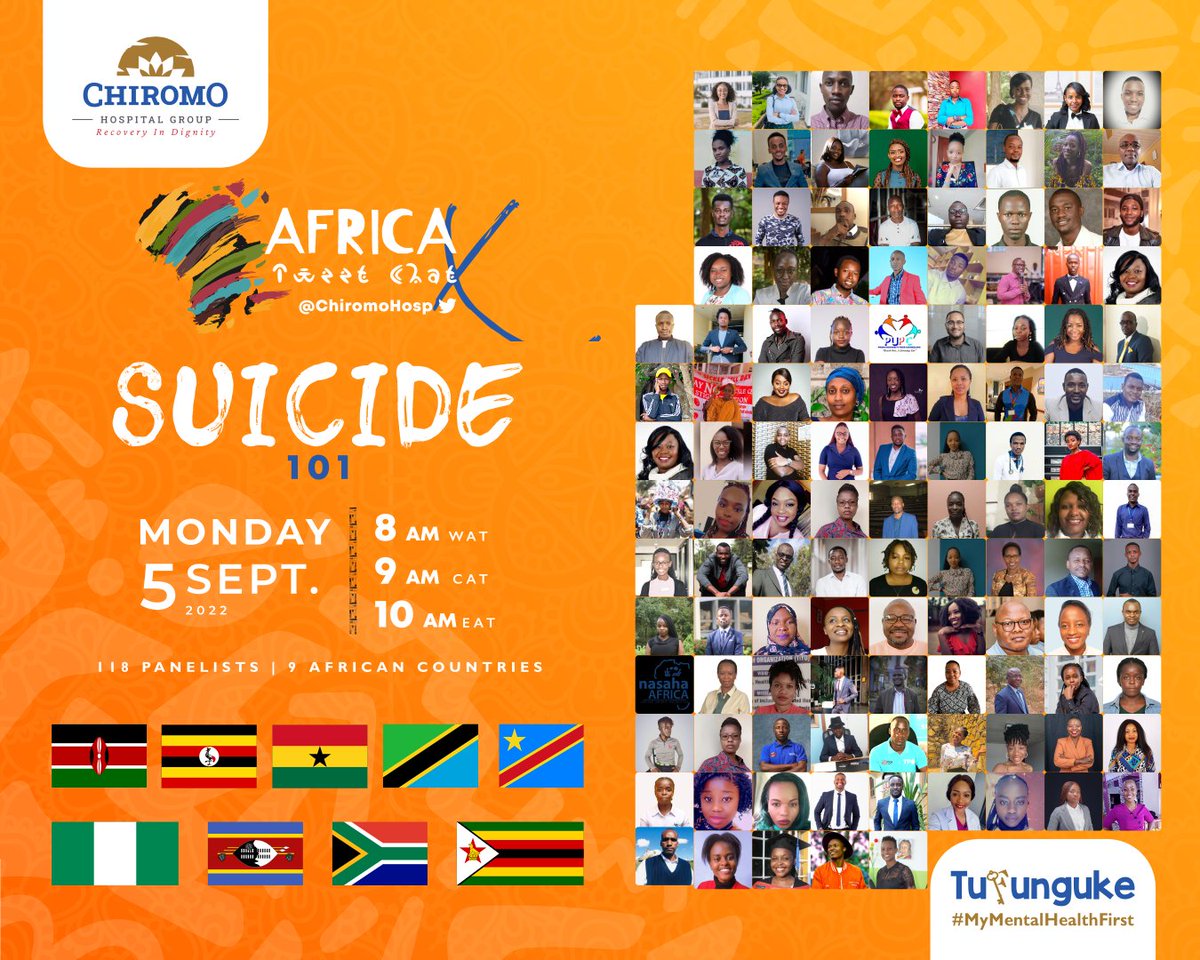 Fam, are you ready for the big day?

This Monday, from 10-11AM, we'll be having our 3rd Africa Tweetchat of 2022 with over 120 panelists from 9 African Countries during our #MindfulMondays

Topic: SUICIDE 101

Theme: Creating Hope Through Action

Mark your calendars!

#Tufunguke