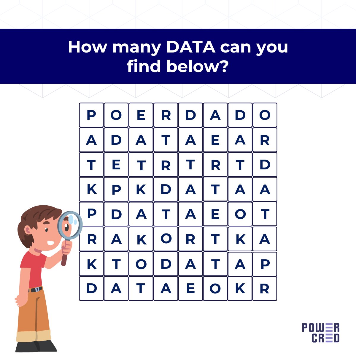 power_cred's tweet photo. π΅οΈ How many times can you find the word DATA mentioned in the grid below?
Share your answers in the comments section below!
#FunFridays #PowerCred
#fridayquiz #wordsearch #data #braingames #startuplife #fintech #WordOfTheDay #startups #Friyay https://t.co/xJS7ZLoy8S
