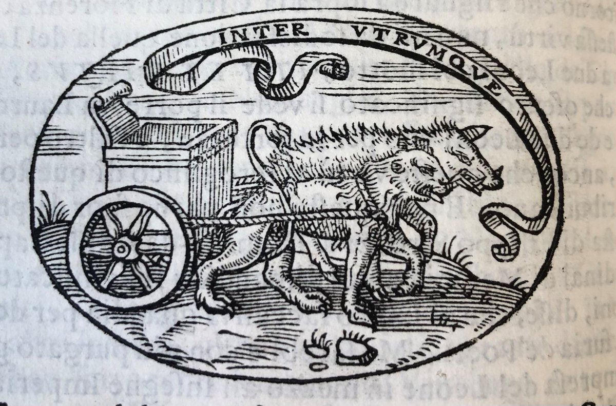 Warburg_Library's tweet photo. What does this emblem signify? Guesses in the comments.
A lion and a wild boar are pulling an empty chariot.
From Capaccio’s 1592 Delle Imprese, find it at classmark NOH 385.
Check back on Thursday for the explanation.
#RenTwitter #emblemata #TwitterStorians https://t.co/7nECvTlIXX
