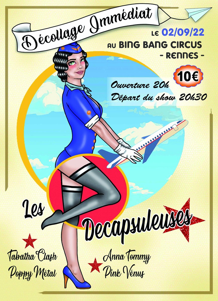 Midleart's tweet photo. Ce soir c'est le grand soir ! Amis Rennais ou des environs, si vous souhaitez découvrir ou redécouvrir l'effeuillage burlesque, on vous attend à 20h au Bing Bang Circus, à Rennes. Venez, on vous amène en voyage. 😃✈️👩‍✈️ https://t.co/XpYHR84dxB