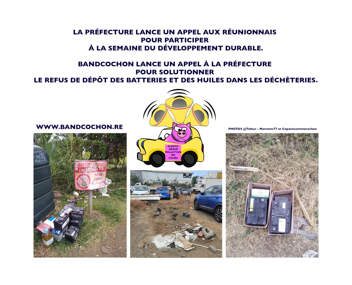 Sur l'île de #LaRéunion : Ça va être sympa les projets de jardins partagés et autres idées au milieu des dépôts de batteries et d'huile... #OnNestPasDupes.... #Grave #Pollution #EnCours #Danger #Santé #EcologieA2Balles