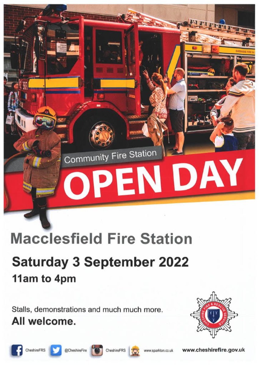 Saturday 03rd September Macclesfield Fire Station open day 11am-4pm.
Want to see what your modern day firefighter has to do on a daily basis? Stalls include- RTC demonstration, Breathing apparatus drill and more. We also have our Princes Trust team for those aged 16-25 interested