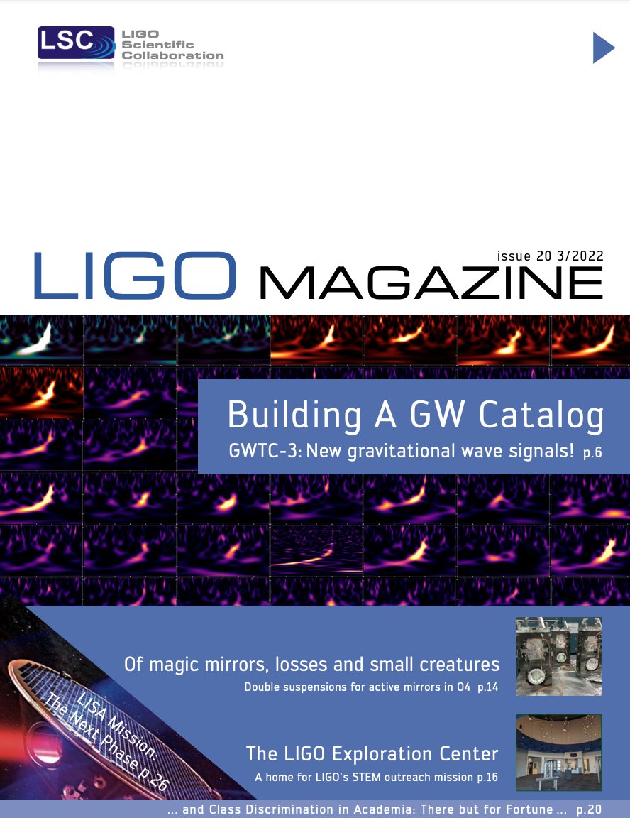 20 weeks, 20 issues! We have reached the most recent issue of #LIGOMagazine which included the latest #GravitationalWave catalog from @LIGO @ego_virgo @KAGRA_PR, “magic” mirrors for #O4, and more! #LIGOMagazineMemories Read free online at ligo.org/magazine/LIGO-…