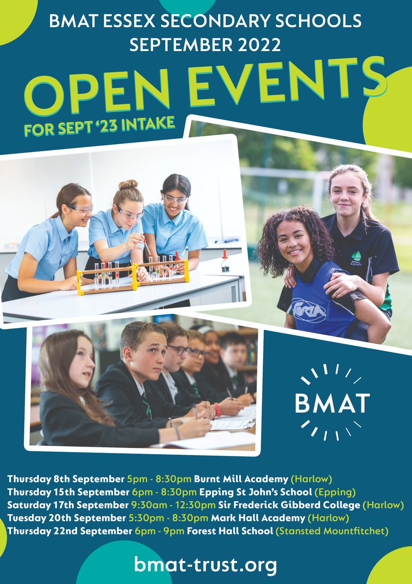 📢OPEN EVENTS FOR OUR ESSEX SECONDARY SCHOOLS
🗓️For Sept 2023 Year 7 intake
🔴<a href="/BurntMillAcad/">Burnt Mill Academy</a> 8 Sept pm
🟢<a href="/EppingStJohns/">ESJ</a> 15 Sept pm
🟡<a href="/bmatsfg/">Sir Frederick Gibberd College</a> 17 Sept am
🔵<a href="/markhallacademy/">Mark Hall Academy</a> 20 Sept pm
🟠<a href="/f_h_school/">Forest Hall School</a> 22 Sept pm
We're looking forward to meeting our prospective students and families👋