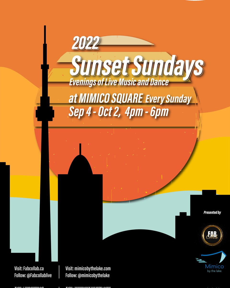 Introducing a new weekly series, Sunset Sundays in Mimico Square.

Co-presented by <a href="/fabcollablive/">FabCollab</a>
and Mimico-by-the-Lake 

🌟 DATES: Every Sunday Sep 4-Oct 2 
🌟 LOCATION: Mimico Square
🌟TIME: 4-6pm EST

FREE to the public

#sunsetsundays #mimicomusic #fabcollab