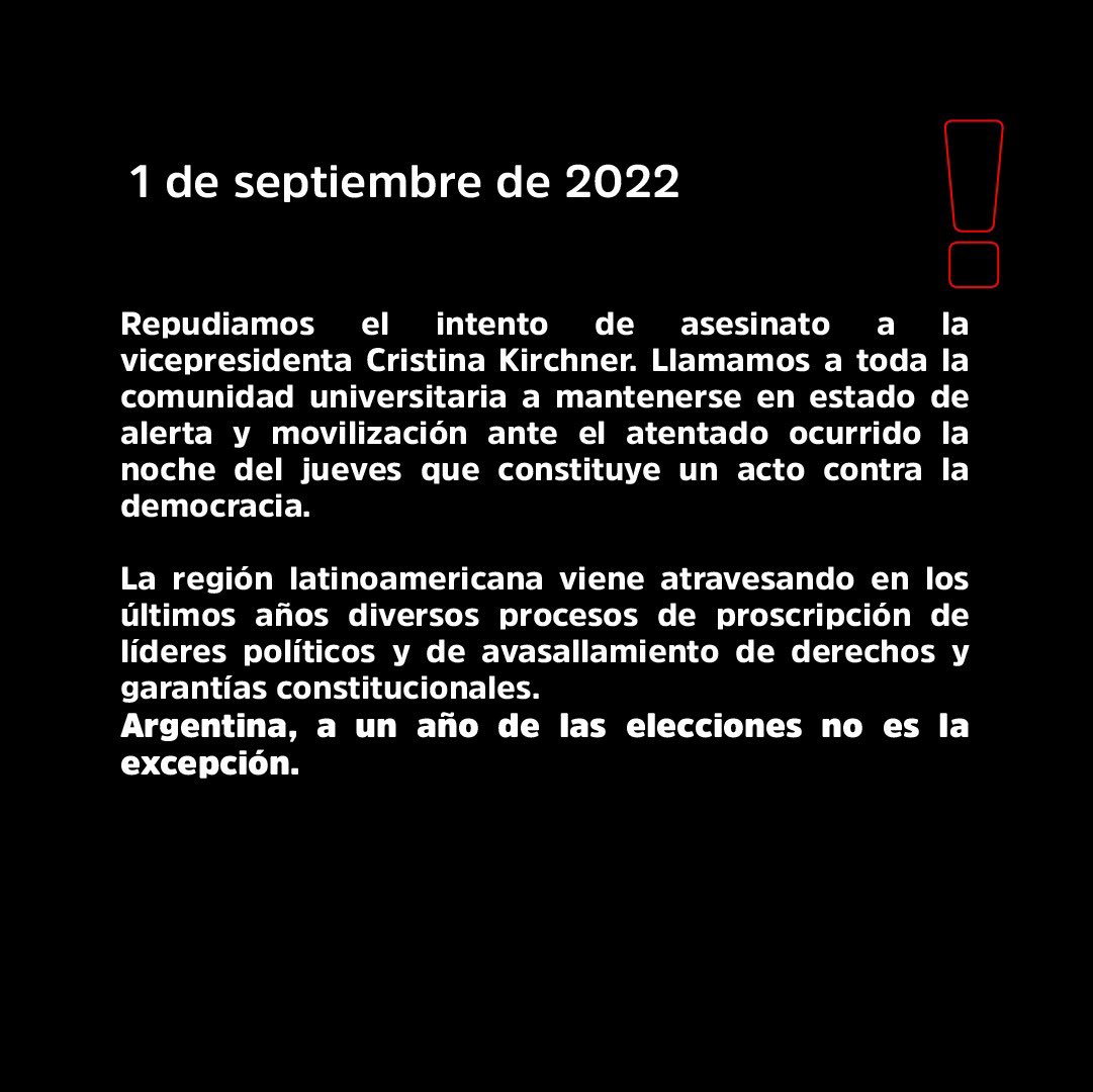 JUP_BsAs's tweet photo. El movimiento estudiantil, en unidad, expresa el repudio al atentado contra la Vicepresidenta @CFKArgentina https://t.co/3FROpa1nR3