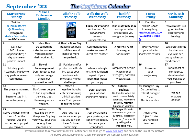 Build your confidence one day at a time. You won’t have superior confidence right out of the gate. Be patient and earn your confidence one day at a time! 

Use the confidence calendar to focus on one skill a day or check out "The Confident Athlete" amazon.com/dp/1640851704