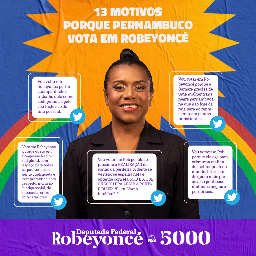 RobeyonceLima's tweet photo. 13 ⭐️ motivos do porquê Pernambuco vota em mim (e foram vocês aqui no twitter que disseram, hein?)
Quer saber mais razões para eleger a primeira deputada federal travesti do Brasil? 🇧🇷 fica ligade aqui nas redes e nas ruas!
#Rob5000
#EuVouDeRob
#RobeyonceEuVouVotar https://t.co/F2wiRCCcSu