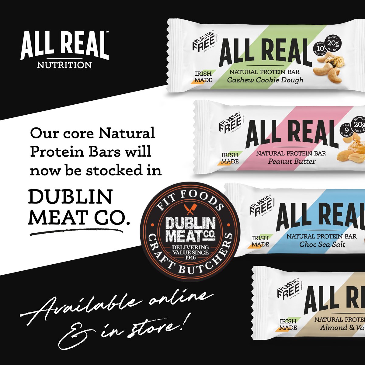 AllRealN's tweet photo. New stockist alert 🚨

We're delighted to announce that you can now buy our 4 core All Real protein bars from @DublinMeatCo, in-store and online 🙌 The team offer next day delivery in Dublin, 7 days a week🍝Tomorrow they are giving a free All Real bar to the first 100 customers! https://t.co/yWyU50VRd1
