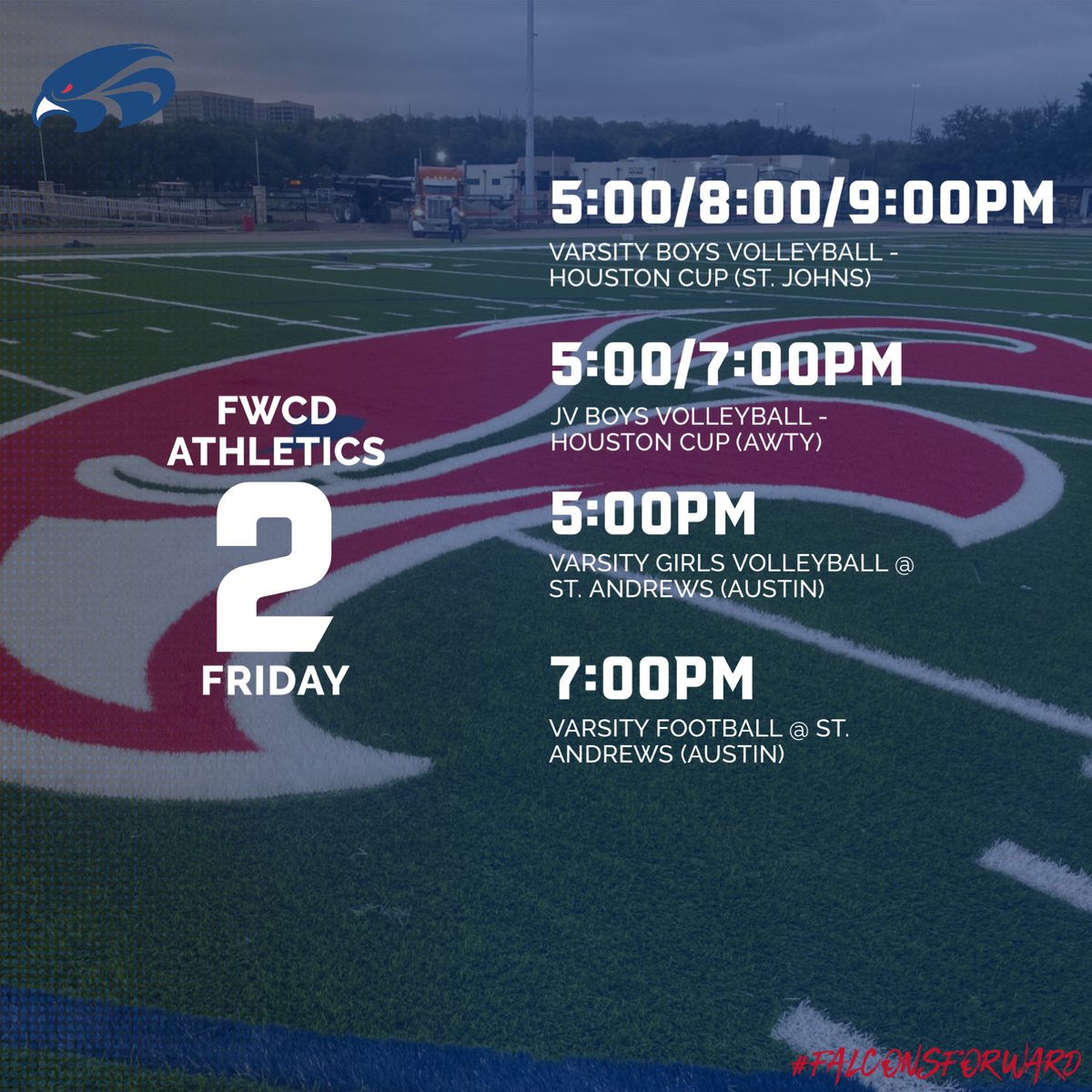 The Falcons are headed south! 

Watch girls volleyball and football on St. Andrews YouTube page: 

youtube.com/sasaustin

#FWCDAthletics #FWCDFalconsForward