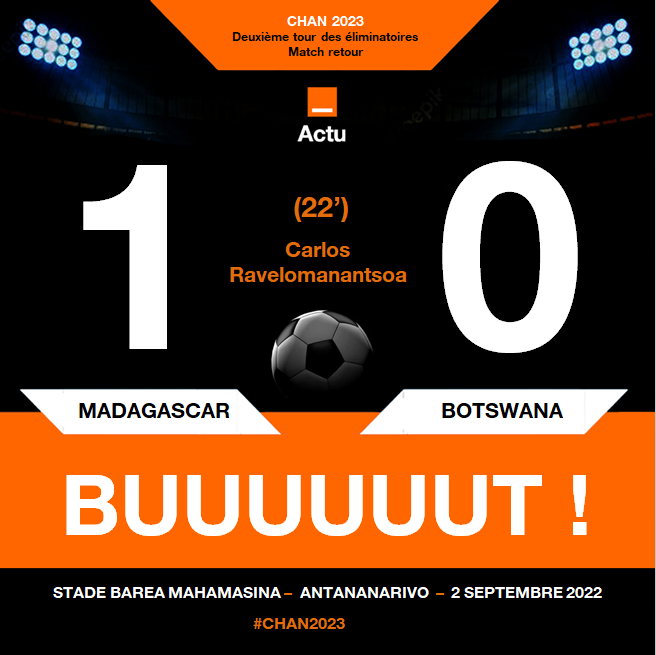 orangeactu's tweet photo. 🔥🔥🔥  BUUUT ! Carlos Ravelomananatsoa ouvre le score à la 22ème minute. #Madagascar mène 1-0 face au Botswana au Stade Barea Mahamasina. 

#CHAN2023Q #MADBOT https://t.co/muz7BbpVvQ