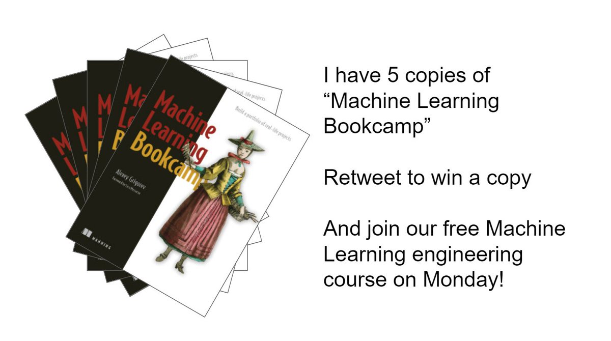 Al_Grigor's tweet image. I have 5 copies of Machine Learning Bookcamp 
Want to win one? 
🔸 Follow me 
🔸 Retweet this tweet 
Winners announced on the ML Zoomcamp launch on Monday
👉 mlzoomcamp.com
Good luck 🍀