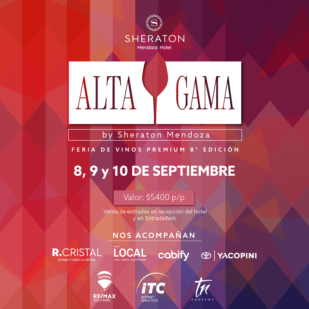 🍷 Alta Gama 🍷
El 8, 9 y 10 de septiembre vuelva Alta Gama by Sheraton, la tradicional feria de vinos premium que reúne a las bodegas más importantes del país.

Reservá tu lugar en Entrada Web 👉🏻 entradaweb.com.ar/index.php?r=si…)

#AltaGama