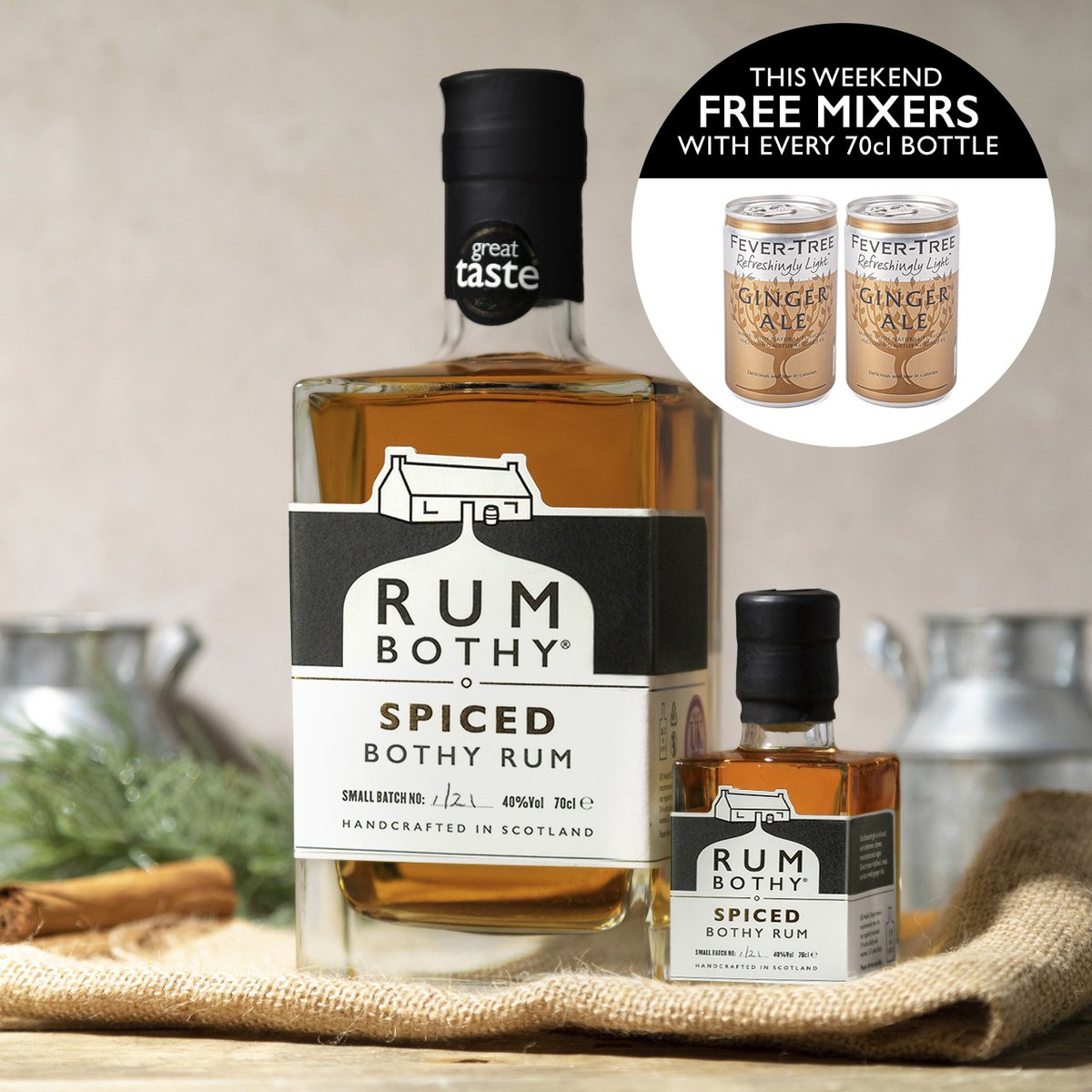 BothyExperience's tweet photo. Our Spiced Rum is back in stock and we're giving away two free mixers with every 70cl bottle purchased! Just pop in between 11am and 5pm this weekend to grab yours. https://t.co/jKJlzQyNBv