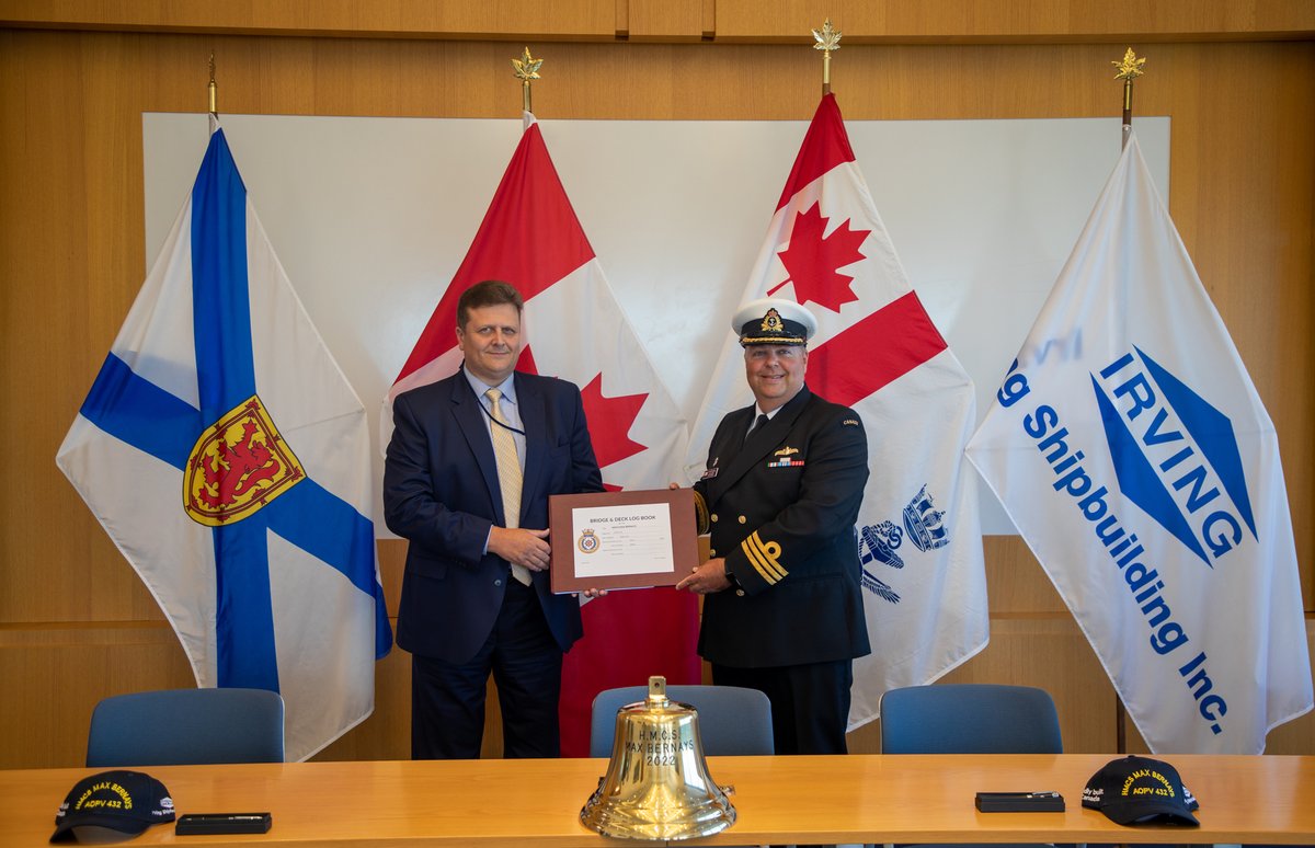 IrvingShipbuild's tweet photo. We are counting down to the delivery celebration of the future HMCS Max Bernays which will take place this afternoon at the @RoyalCanNavy dockyard. This morning at Halifax Shipyard, ISI President, Dirk Lesko presented Commanding Officer Colin Forsberg with the official logbook. https://t.co/LNO44sWE0I